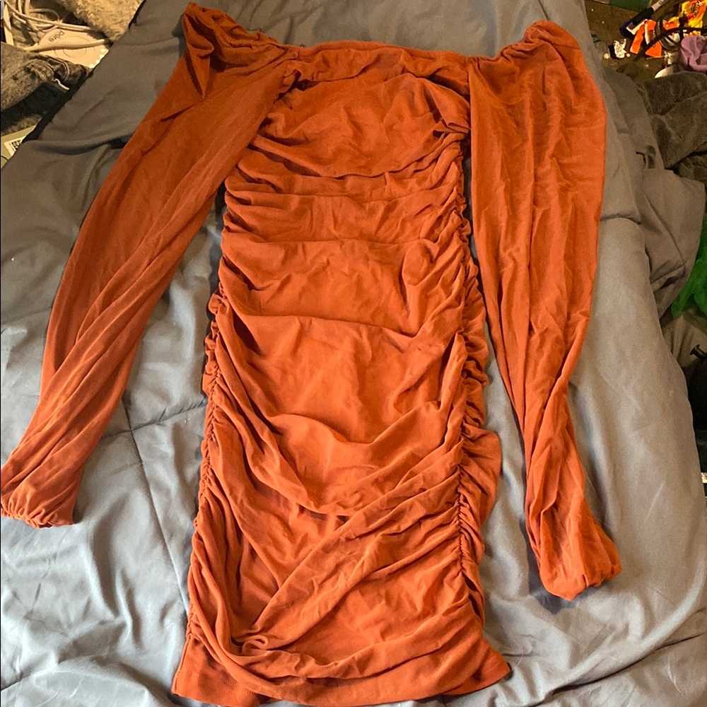 Rust Orange Ruched Long Sleeve Dress